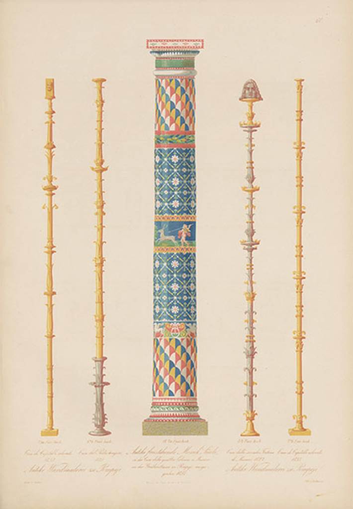 HGE12 Villa of the Mosaic Columns. 1870 painting by W. Zahn of one of the mosaic columns, centre. 
The other items shown are not from here.
See Zahn W., 1870. Ornamente aller klassischen Kunst-Epochen nach den Originalen in ihren eigenthümlichen Farben. Berlin: Reimer, p. 5, Taf. 60.