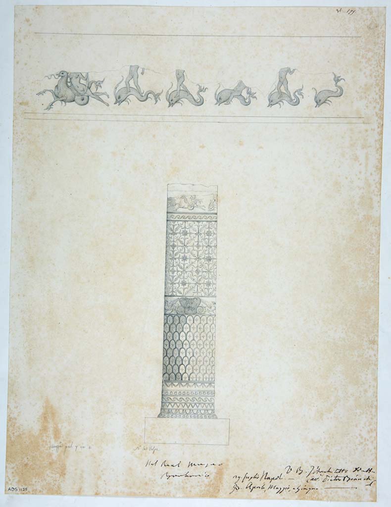HGE12 Villa of the Mosaic Columns. 1842 drawing by N. La Volpe of the frieze on one of the mosaic columns.
According to the ICCD database, the designs present, at the top, a frieze with a marine group composed of a Nereid brought by a sea monster and tritons on dolphins; At the bottom is a Mosaic column decorated with scales, frieze with heraldic animals, floral motifs, and frieze with marine group. The drawing depicts one of the mosaic columns coming from the Villa of the mosaic columns of Pompeii, now preserved in the National Archaeological Museum of Naples (Inventory numbers. 9995-9996, 10000-10001).
Drawing now in Naples Archaeological Museum. Inventory number ADS1125.
Photo © ICCD. http://www.catalogo.beniculturali.it
Utilizzabili alle condizioni della licenza Attribuzione - Non commerciale - Condividi allo stesso modo 2.5 Italia (CC BY-NC-SA 2.5 IT)
