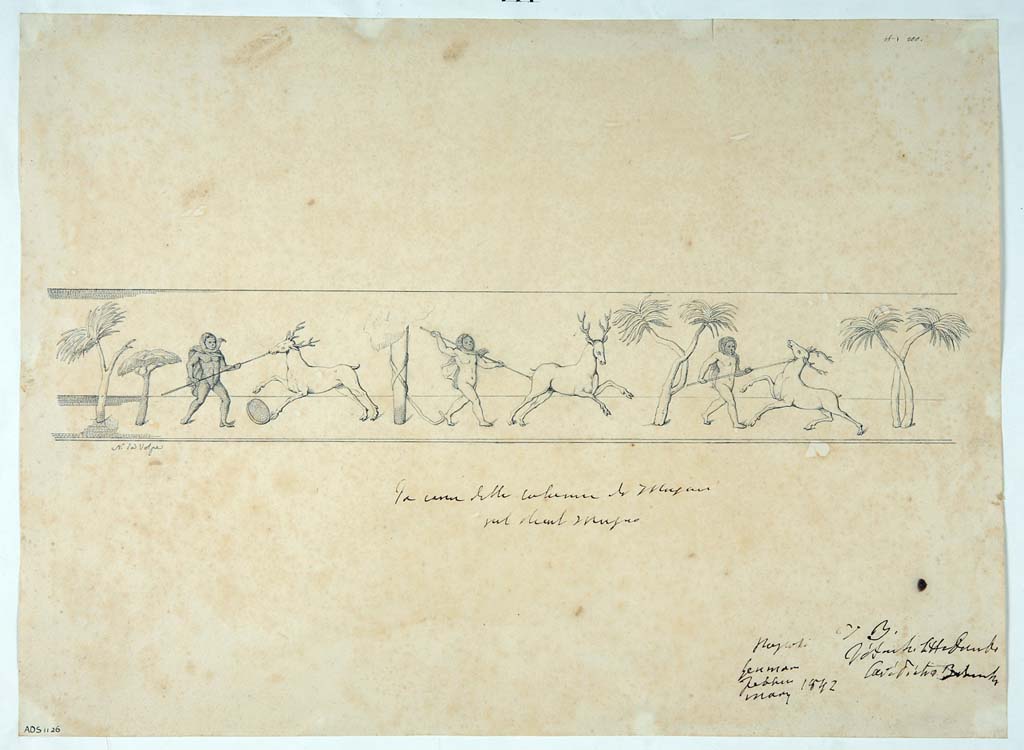 HGE12 Villa of the Mosaic Columns.  1842 drawing by N. La Volpe of the frieze on one of the mosaic columns.
According to the ICCD database, the drawing depicts a frieze with three "Retiarii" Cupids, each of which, armed with a lance, is intent on striking a deer.
It is the frieze of one of the mosaic columns coming from the Villa of the mosaic columns of Pompeii, now preserved in the National Archaeological Museum of Naples (Inventory numbers. 9995-9996, 10000-10001).
Drawing now in Naples Archaeological Museum. Inventory number ADS1126.
Photo © ICCD. http://www.catalogo.beniculturali.it
Utilizzabili alle condizioni della licenza Attribuzione - Non commerciale - Condividi allo stesso modo 2.5 Italia (CC BY-NC-SA 2.5 IT)
