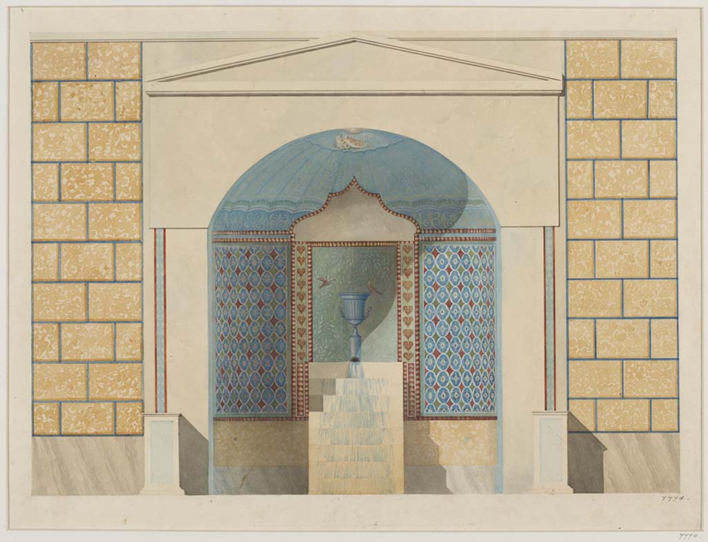 HGE12 Pompeii. Undated watercolour by Luigi Bazzani, looking east towards large niche containing smaller niche and fountain.
(This is described as being “Mosaic Fountain, House of the Madusa or Medusa”.) 
Photo © Victoria and Albert Museum. Inventory number 7774.