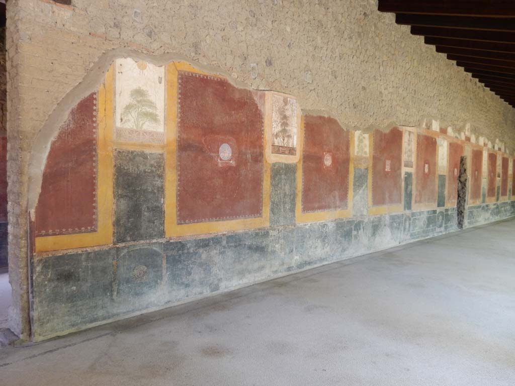 Villa San Marco, Stabiae, June 2019. 
Portico 20/5, detail of east wall near doorway to corridor 32, on left. Photo courtesy of Buzz Ferebee