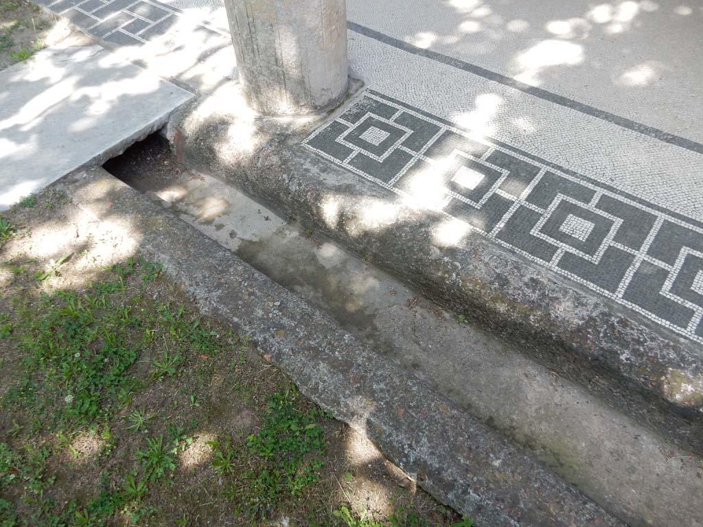 Villa San Marco, Stabiae, June 2019. North portico 5, mosaic thresholds between columns, and gutter around garden area. 
Photo courtesy of Buzz Ferebee