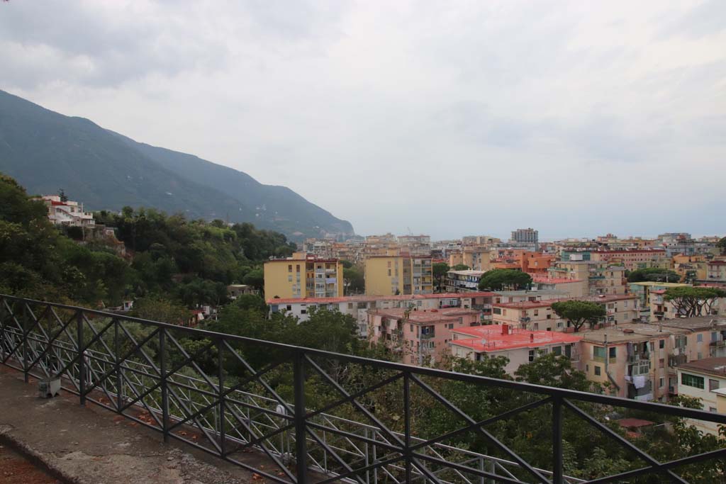 Villa San Marco, Stabiae, September 2019. View from terrace, looking west towards area of Villa Arianna, past the trees on the left. 
Photo courtesy of Klaus Heese.