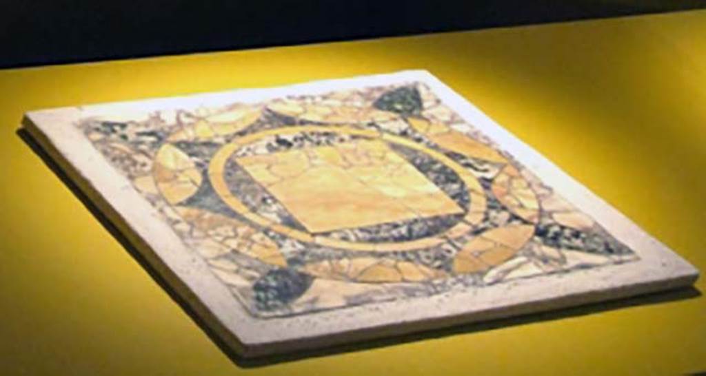Villa San Marco, Stabiae. Room 16, square section of opus sectile floor tile.
Stabia Antiquarium, inventory number 62545.
See Guzzo P., Bonifacio G. and Sodo A.M. (a cura di), 2007. Otium Ludens: Stabiae - at the heart of the Roman empire. Hermitage Museum. Stabia: Nicola Longobardi, p. 129.