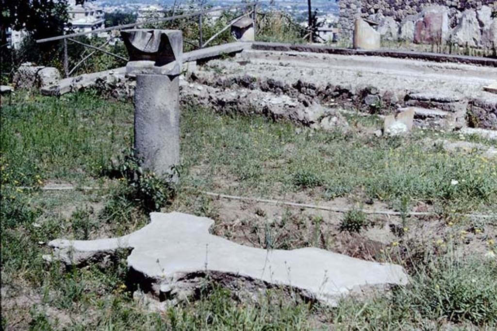 Villa San Marco, Stabiae, c.1960’s (probably 1968). Area 66, sundial in peristyle garden, and plaster-cast of a tree-root cavity. Looking north at rear towards the edge of the cliff-face, where the peristyle may have been destroyed in antiquity by a landslip. Photo by Stanley A. Jashemski.
Source: The Wilhelmina and Stanley A. Jashemski archive in the University of Maryland Library, Special Collections (See collection page) and made available under the Creative Commons Attribution-Non Commercial License v.4. See Licence and use details. Jmit0101