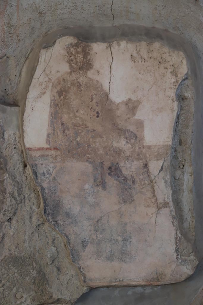 Villa San Marco, Stabiae, October 2022. 
Portico 2, detail of painted figure from east wall in south-east corner. Photo courtesy of Klaus Heese.