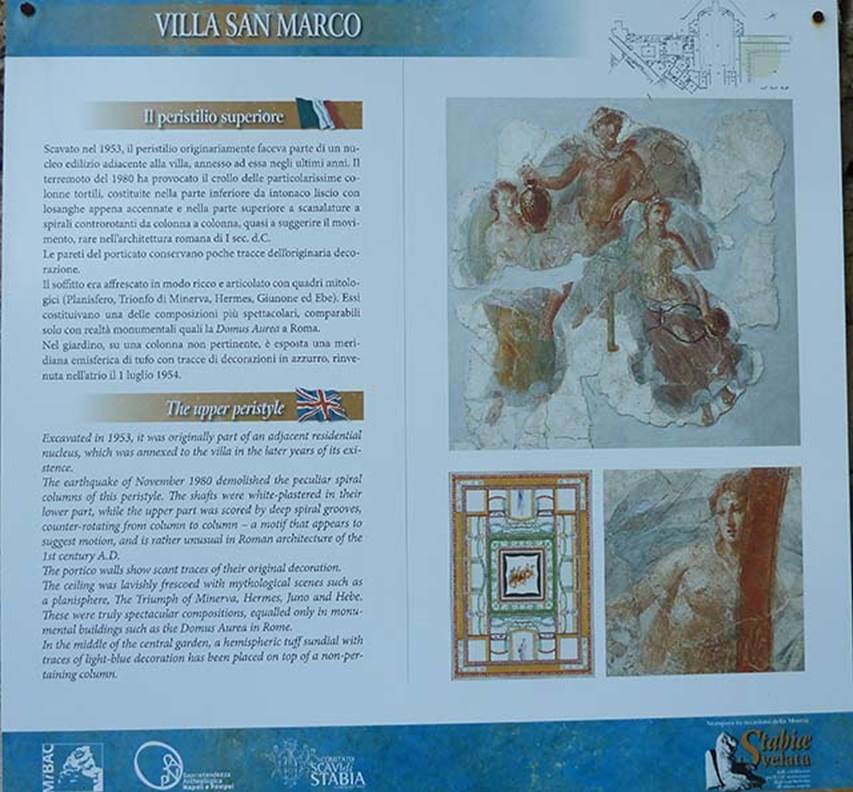 Villa San Marco, Stabiae, September 2015. Portico 1-2, description of original ceiling decoration, from Soprintendenza description board in villa.
The portico ceiling was lavishly frescoed with mythological scenes such as a planisphere, the triumph of Minerva, Hermes, Juno and Hebe. 
These were truly spectacular compositions, equalled only in monumental buildings such as the Domus Aurea in Rome.