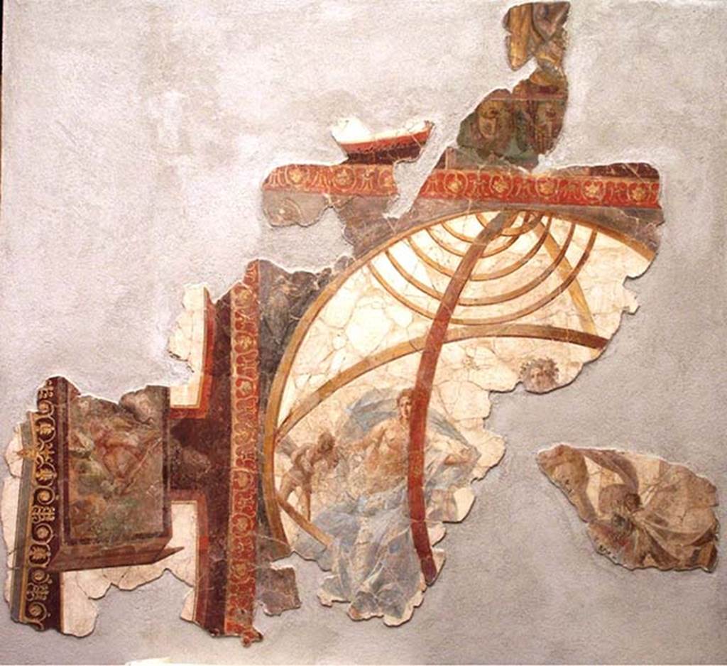 Villa San Marco, Stabiae, 2004. Area 66, garden peristyle area. 
Portico 1, central part of the ceiling with armillary sphere. Note the still life is now attached to the left side.
Stabia Antiquarium inventory number 62525.
Photo courtesy of Mentnafunangann - See photo on Wikimedia Commons
Use governed by Creative Commons Share Alike licence see CC BY-SA 3.0