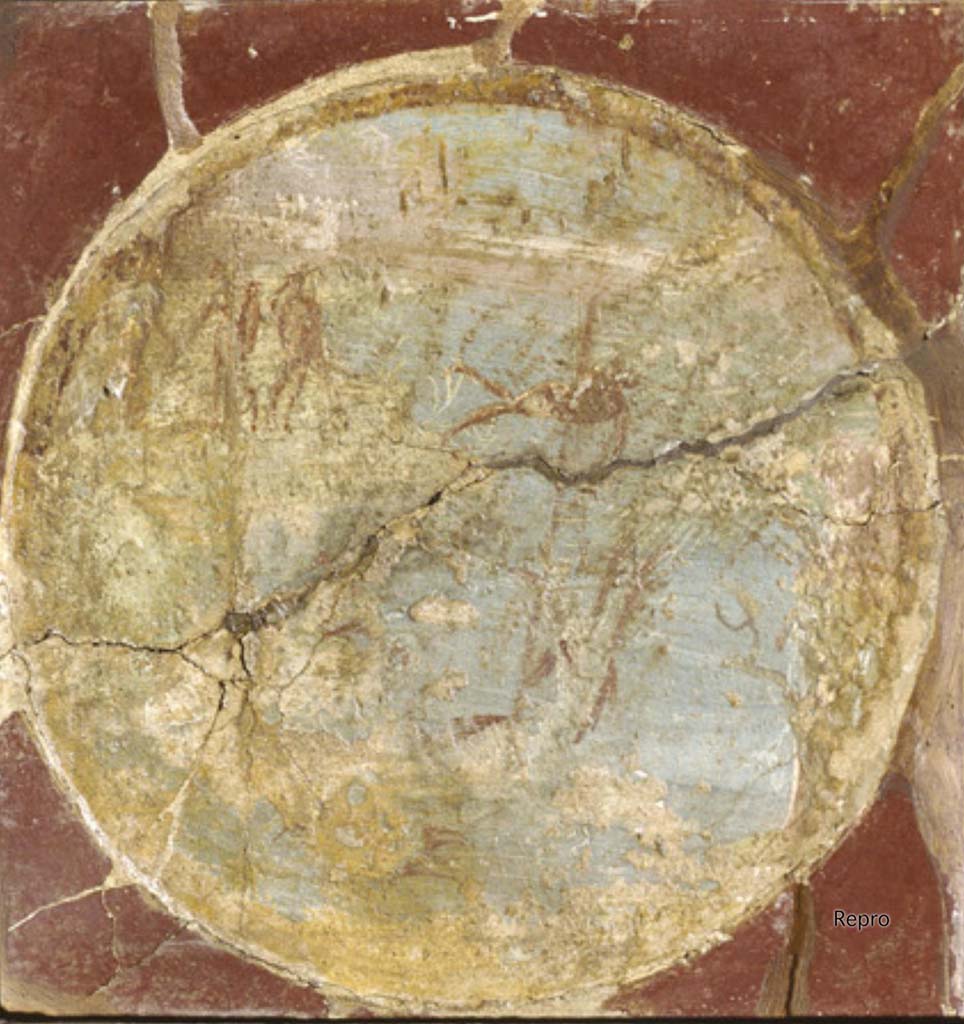 Villa San Marco, Stabiae, Room 3, west wall, medallion from the wall of the portico.
Original one of four parts now in Naples Archaeological Museum, as inventory number 9501.
DAIR Repro_609728. Photo © Deutsches Archäologisches Institut, Abteilung Rom, Arkiv. 
This medallion only retains the traces of two figures located on the left on a height, who seem to witness the fall of a third.
See Barbet A. (a cura di), 1999. La Villa San Marco di Stabia. Roma, L’Erma di Bretschneider, p. 207.