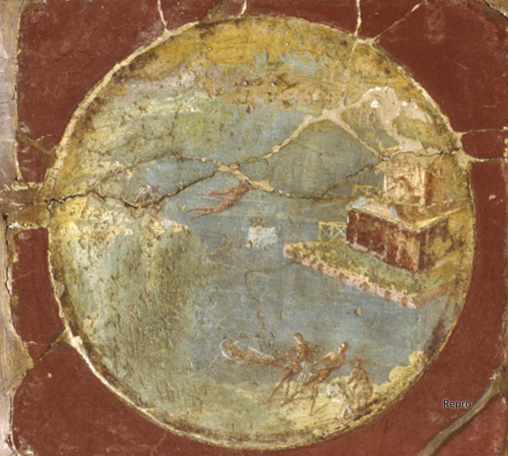 Villa San Marco, Stabiae, Room 3, west wall, medallion from the wall of the portico.
Original is one of four parts now in Naples Archaeological Museum, as inventory number 9501.
DAIR Repro_609729. Photo © Deutsches Archäologisches Institut, Abteilung Rom, Arkiv. 
Three fishermen pulling a net occupy the foreground of the medallion, which also shows a building built on an arcaded base and represented at an angle.
Above a colonnade there is a narrower storey.
See Barbet A. (a cura di), 1999. La Villa San Marco di Stabia. Roma, L’Erma di Bretschneider, p. 207.