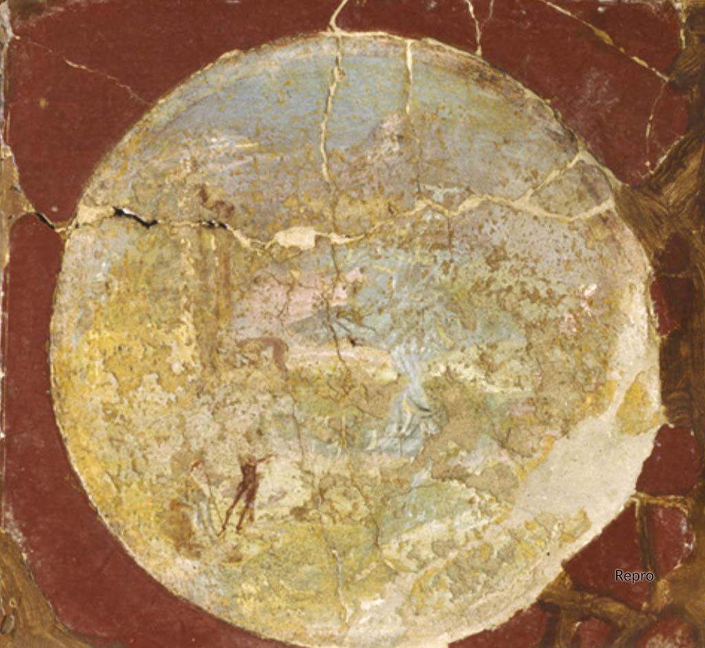 Villa San Marco, Stabiae, Room 3, west wall, medallion from the wall of the portico.
Original one of four parts now in Naples Archaeological Museum, as inventory number 9501.
DAIR Repro_609730. Photo © Deutsches Archäologisches Institut, Abteilung Rom, Arkiv. 
From this medallion can be read only one figure, it seems schematic, located in the foreground in front of a barely discernible porta sacra (?).
In the distance, we can perhaps make out the outline of a mountain.
See Barbet A. (a cura di), 1999. La Villa San Marco di Stabia. Roma, L’Erma di Bretschneider, p. 207.