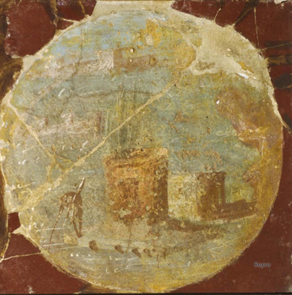 Villa San Marco, Stabiae, Room 3, west wall, medallion from the wall of the portico.
Original one of four parts now in Naples Archaeological Museum, as inventory number 9501.
DAIR Repro_609731. Photo © Deutsches Archäologisches Institut, Abteilung Rom, Arkiv. 
This medallion shows a pier with arcades at the edge of which is a fisherman with two long poles; behind him, several rectangular buildings stand out and seem to surround, at the rear, an arm of the sea.
See Barbet A. (a cura di), 1999. La Villa San Marco di Stabia. Roma, L’Erma di Bretschneider, p. 207.