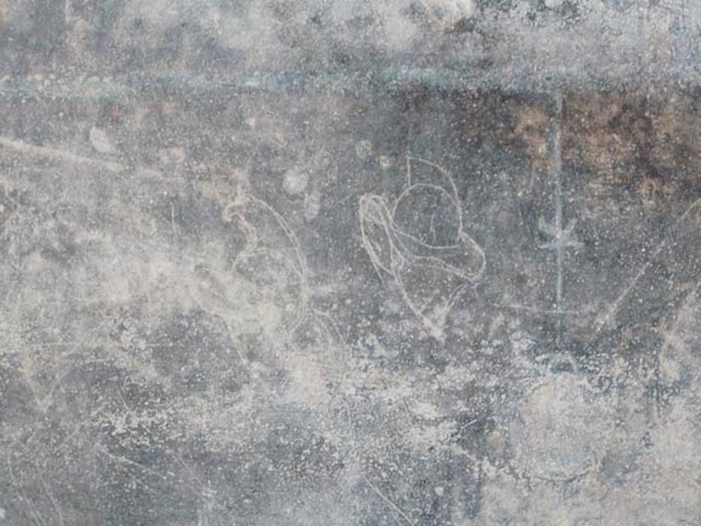 Villa San Marco, Stabiae, 2010. Room 3, west portico, south-west wall, at the end near the ramp 4. 
Graffiti of two gladiators helmets with visors. Photo courtesy of Buzz Ferebee.
See Barbet A. (a cura di), 1999. La Villa San Marco di Stabia: Testa. Roma, L’Erma di Bretschneider, no. 84, p. 358, fig. 734.