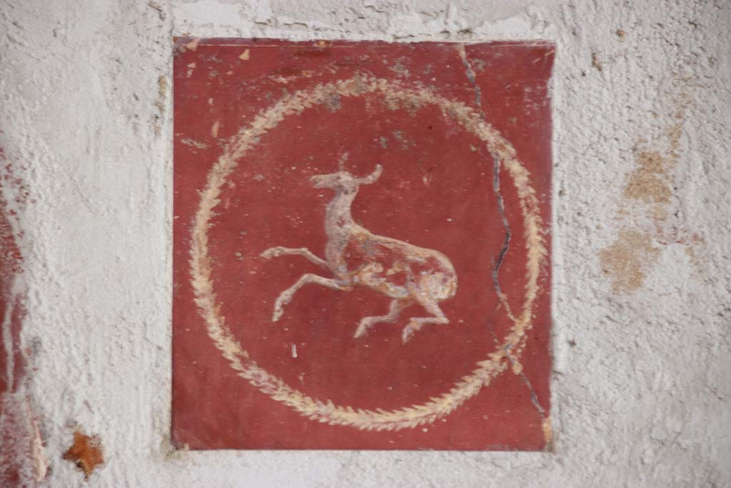 Villa San Marco, Stabiae, September 2019. 
Room 8, south wall, detail of deer in centre of red panel, to right of doorway into room 12. Photo courtesy of Klaus Heese.
.