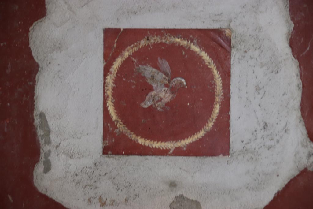 Villa San Marco, Stabiae, October 2022. 
Room 8, south-west side of west wall, detail of painted medallion below figure to left of doorway into room 13.
Photo courtesy of Klaus Heese.