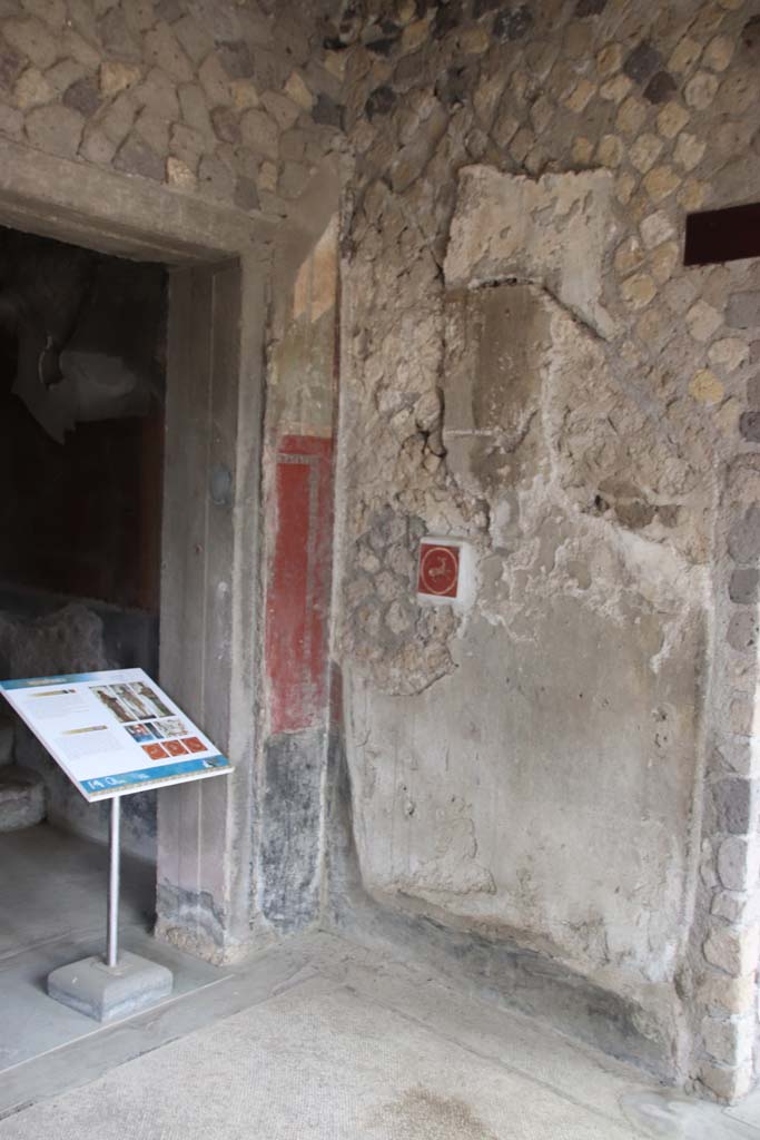Villa San Marco, Stabiae, September 2019.  
Room 8, north wall in north-west corner, looking towards doorway into room 13, and steps to passageway. Photo courtesy of Klaus Heese.