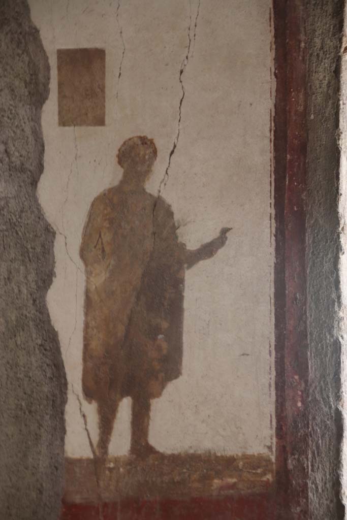 Villa San Marco, Stabiae, September 2019. 
Room 8, detail of figure to left of window on east wall. Photo courtesy of Klaus Heese.