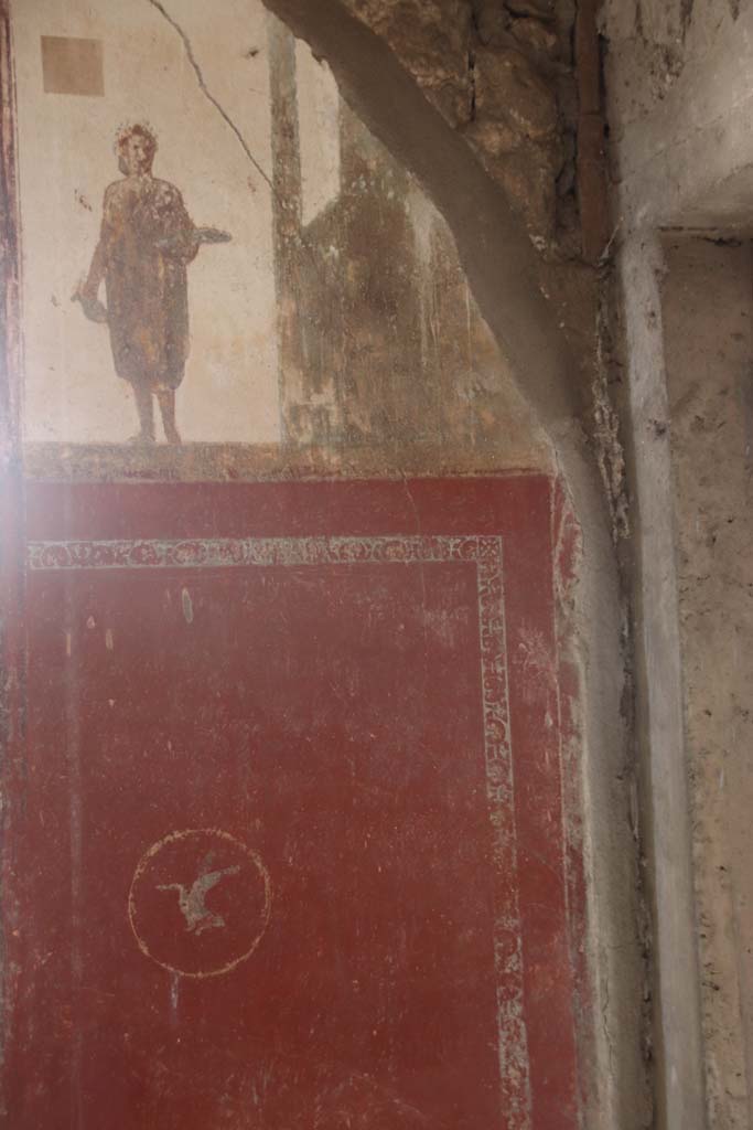 Villa San Marco, Stabiae, September 2019. 
Room 8, east wall, detail of figure to right of window. Photo courtesy of Klaus Heese.
