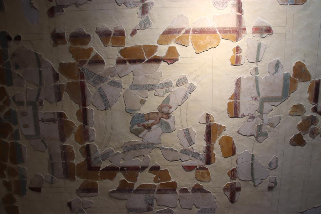 Villa San Marco, Stabiae, October 2022. 
Room 14, ceiling with recomposed centre showing winged goddess. Photo courtesy of Klaus Heese.