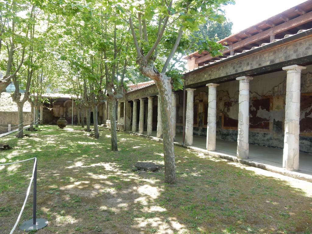 Villa San Marco, Stabiae, June 2019. Looking south along west portico and garden towards area 65, and doorway to area 63.
Photo courtesy of Buzz Ferebee