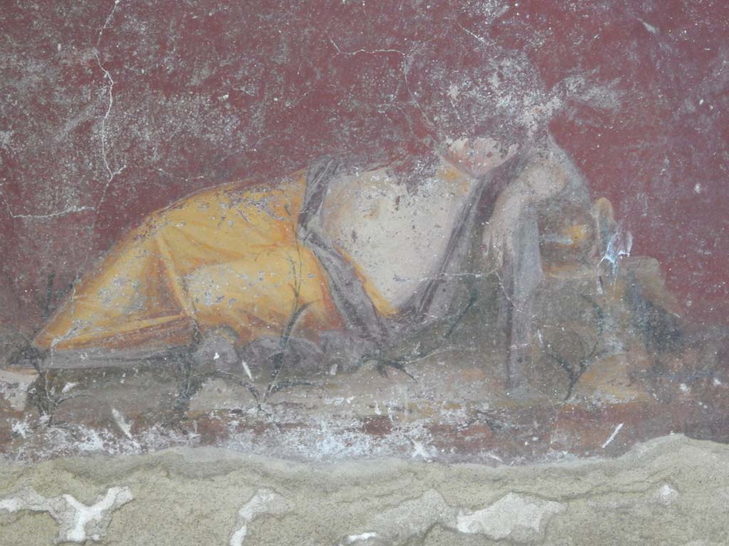 Villa San Marco, Stabiae, June 2019. Area 65, lower area beneath niche 2, detail from left side.  
Photo courtesy of Buzz Ferebee