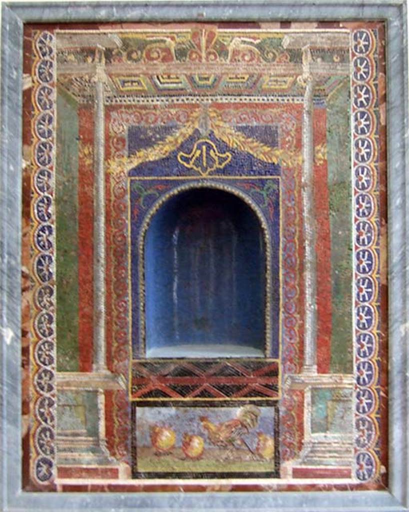 Stabiae, San Marco. May 2006. Mosaic aedicula possibly found near the pool at San Marco.
Now in Naples Museum, inventory number 10014.