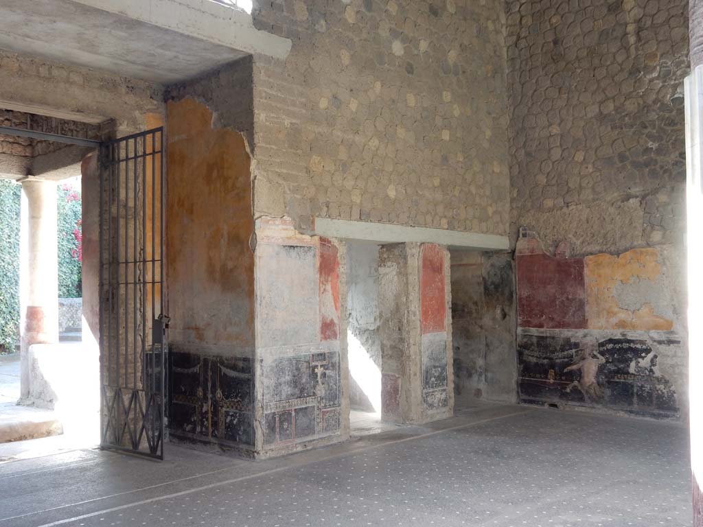 Villa San Marco, Stabiae, June 2019. 
Room 44, looking towards south-west corner of atrium towards entrance doorway, on left, and doorways to rooms 57 and 49.
Photo courtesy of Buzz Ferebee.