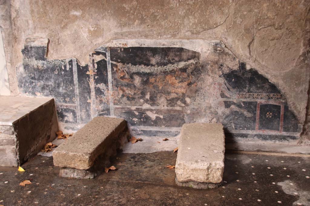 Villa San Marco, Stabiae, October 2020. 
Room 44, looking towards detail of painted zoccolo on west wall next to lararium steps, in north-west corner of atrium. 
Photo courtesy of Klaus Heese.