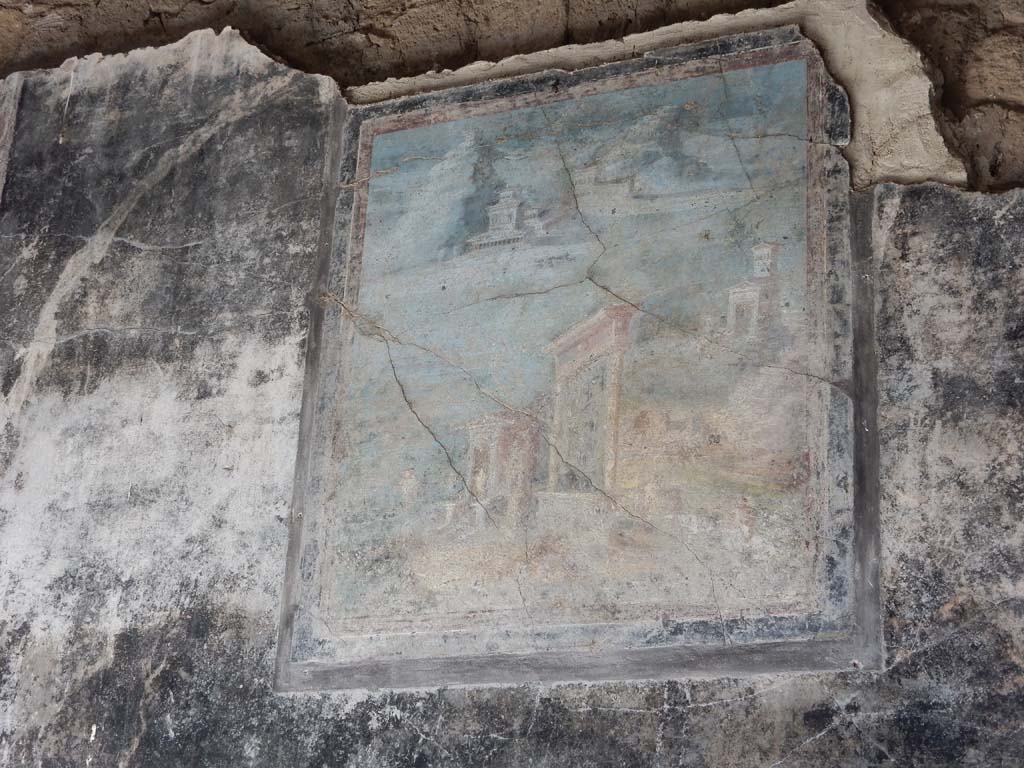 Villa San Marco, Stabiae, June 2019. Room 44, central painting of a sacred landscape, on north wall of atrium. 
Photo courtesy of Buzz Ferebee