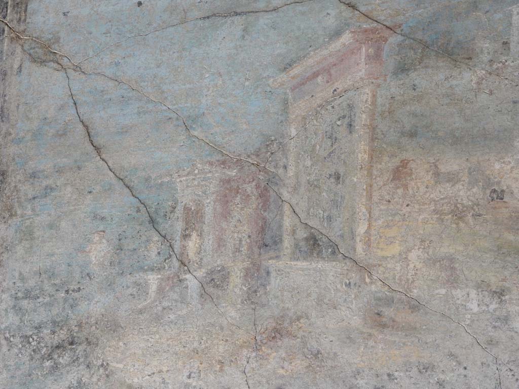 Villa San Marco, Stabiae, June 2019. Room 44, detail from central paining on north wall of atrium.   
Photo courtesy of Buzz Ferebee