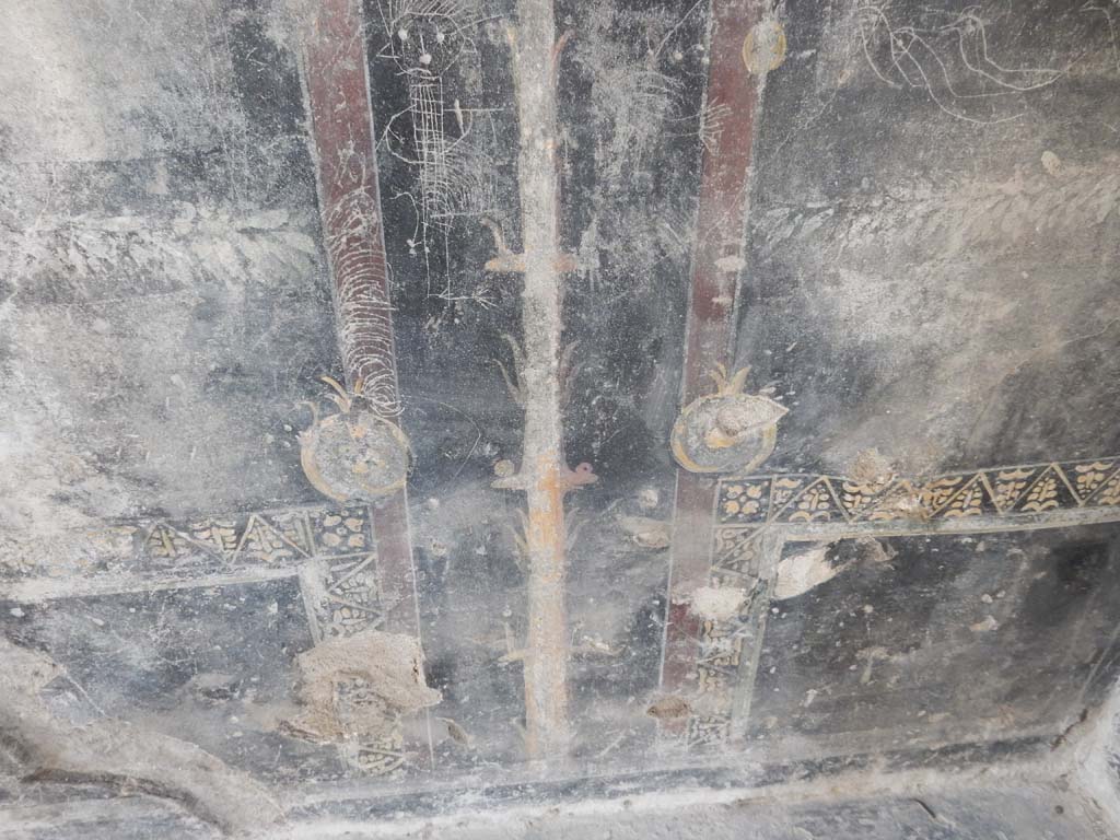 Villa San Marco, Stabiae, June 2019. Room 44, detail of zoccolo, with graffiti. Photo courtesy of Buzz Ferebee.