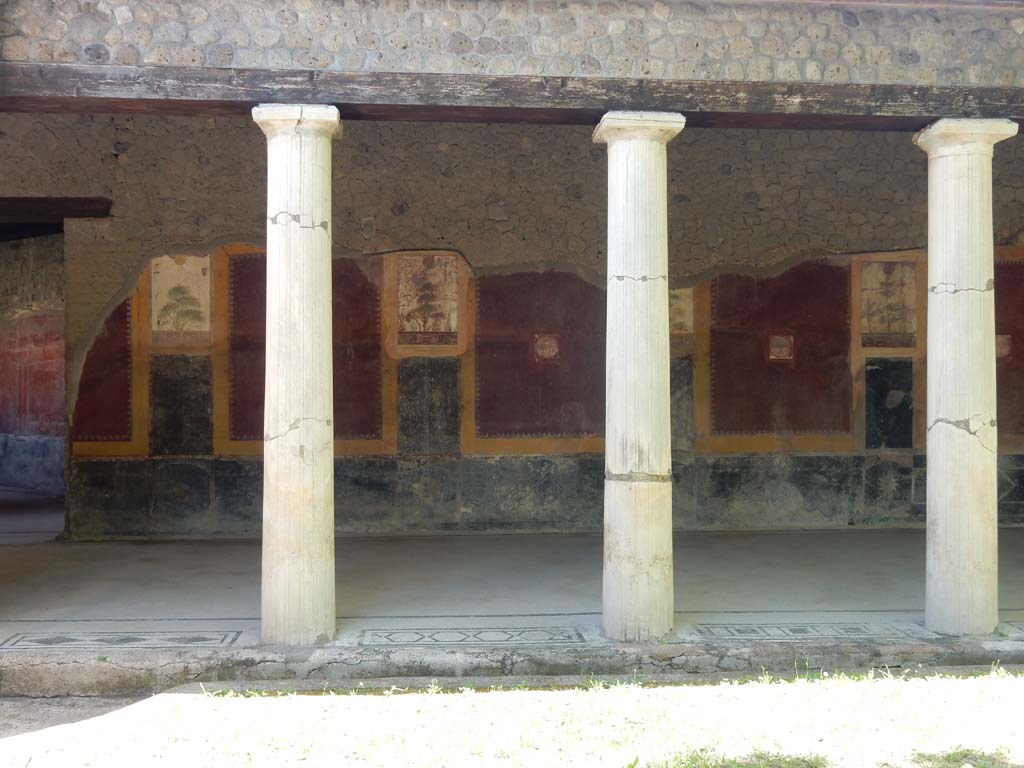 Villa San Marco, Stabiae, June 2019. Portico 20, east wall in north-east corner, with doorway to corridor 32, on left.    
Photo courtesy of Buzz Ferebee