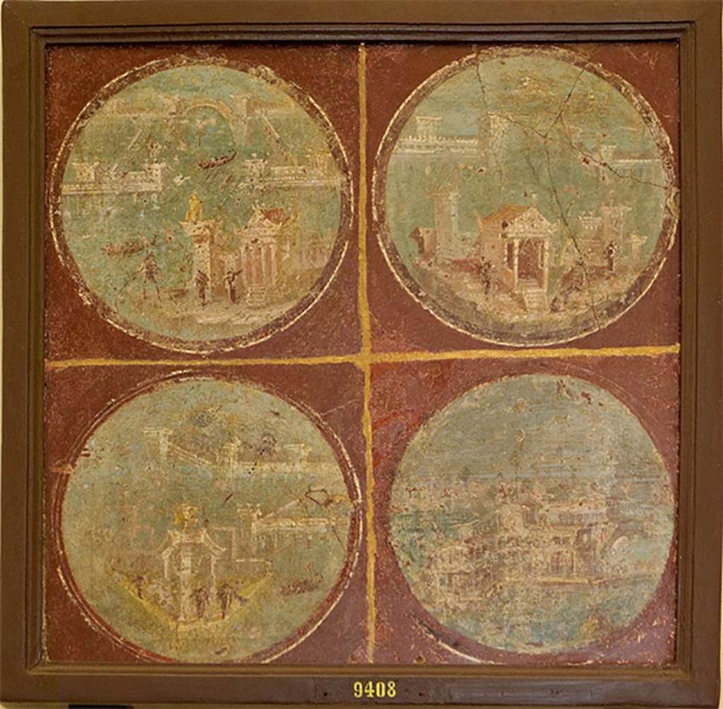 Villa San Marco, Stabiae. Four medallions showing villas in maritime settings, from room 20.
Now in Naples Archaeological Museum. Inventory number 9408.