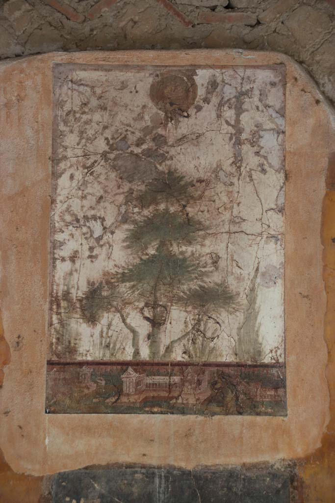 Villa San Marco, Stabiae, September 2019. 
Portico 20, east wall of portico, detail of panel. Photo courtesy of Klaus Heese.