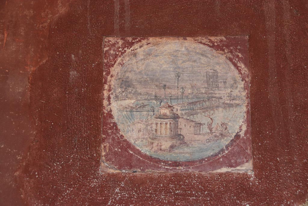 Villa San Marco, October 2022. Room 20, reproduction of medallion from east wall, (to the left of the hole in the wall). 
(original now in Naples Archaeological Museum, inventory number 9409B.) Photo courtesy of Klaus Heese.