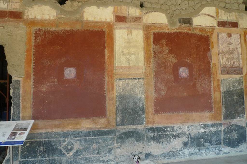 Castellammare di Stabia, Villa San Marco, July 2010. Room 20, east wall.
The reproduction medallion of a maritime scene (left) replaces one now in Naples Archaeological Museum, inventory number 9408A.  The reproduction medallion of a maritime scene (right) replaces one now in Naples Archaeological Museum, inventory number 9408B. Photo courtesy of Michael Binns.