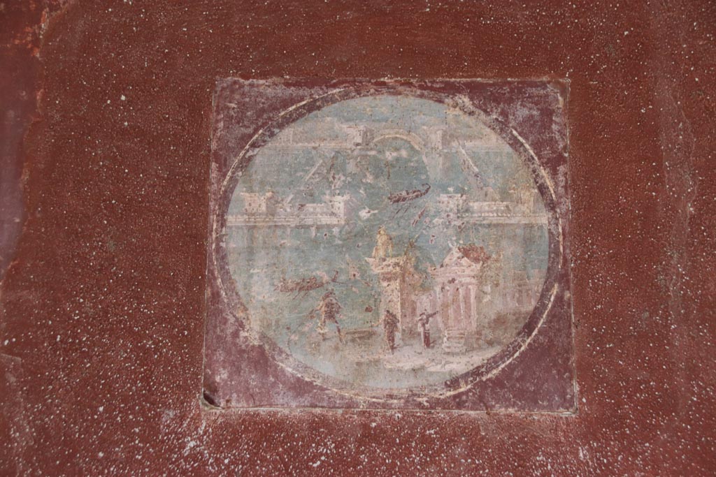 Villa San Marco, October 2022. Room 20, reproduction of medallion from east wall, (to the right of the hole in the wall). 
(original now in Naples Archaeological Museum, inventory number 9408A.)  Photo courtesy of Klaus Heese.