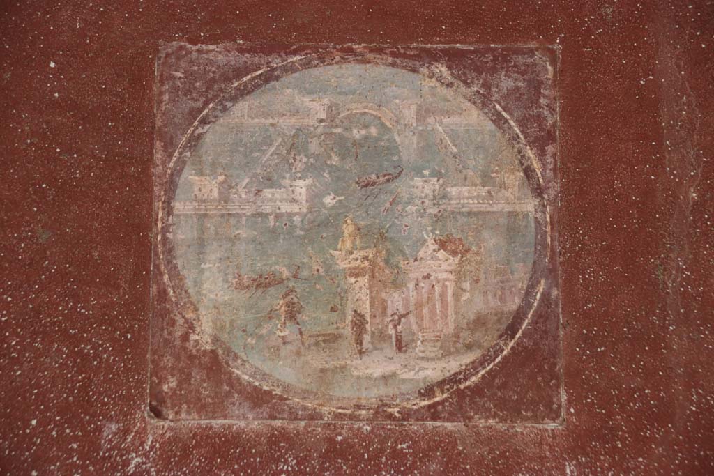 Villa San Marco, Stabiae, September 2019. Room 20, reproduction of medallion from east wall, (to the right of the hole in the wall). 
(original now in Naples Archaeological Museum, inventory number 9408A.)