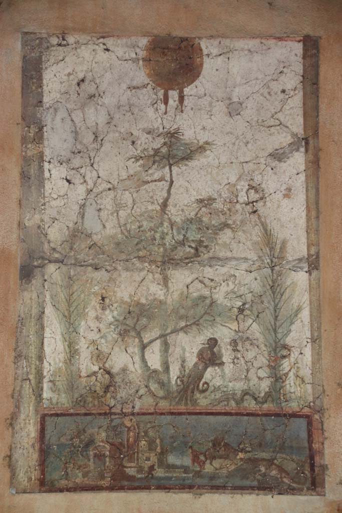 Villa San Marco, Stabiae, September 2019. 
Room 20, east wall, detail of fresco on painted panel. Photo courtesy of Klaus Heese.
