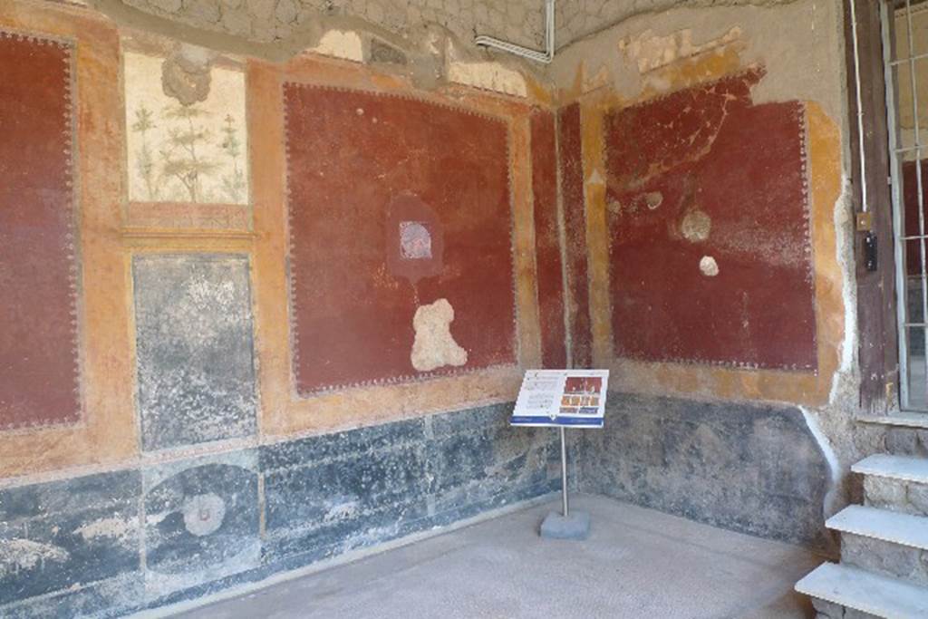 Castellammare di Stabia, Villa San Marco, July 2010. Room 20, south-east corner of east portico, with steps to room 30. The reproduction medallion of a maritime scene (left) replaces one now in Naples Archaeological Museum, inventory number 9408D.  Photo courtesy of Michael Binns.