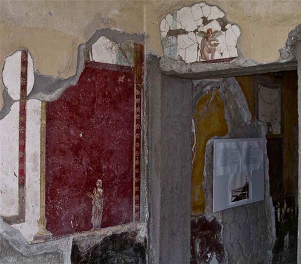 Villa San Marco, Stabiae, April 2005. 
Room 30, figure on north wall in north-east corner, with doorway into room 50. Photo courtesy of Michael Binns.