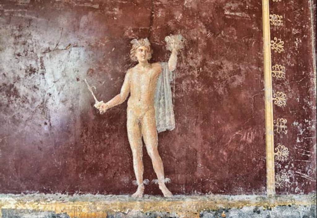 Villa San Marco, Stabiae, April 2018. 
Room 30, south-east corner. Painted figure of Perseus lifting the head of Medusa. Photo courtesy of Ian Lycett-King. Use is subject to Creative Commons Attribution-NonCommercial License v.4 International.