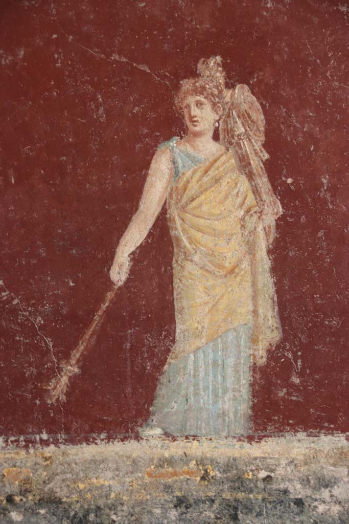 Villa San Marco, Stabiae, September 2019. Room 30, south-east corner. 
Painting of Iphigenia with a palladium on her shoulder and torch in her hand. Photo courtesy of Klaus Heese.