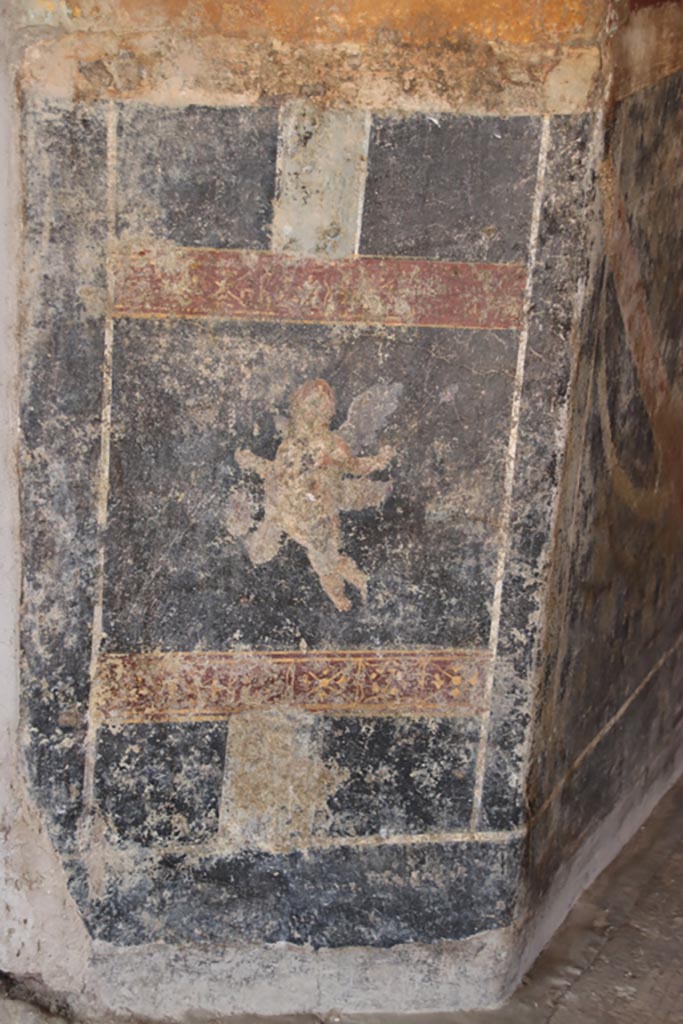 Villa San Marco, Stabiae, October 2022. 
Room 53, detail from lower wall at north end of alcove on east side. Photo courtesy of Klaus Heese.