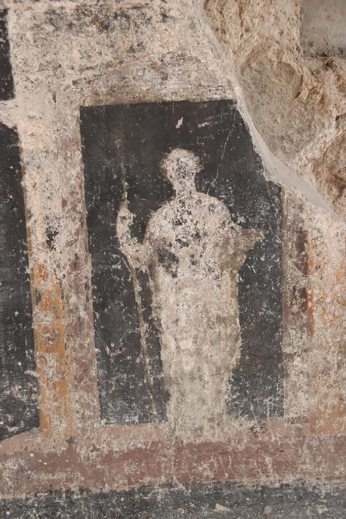 Villa San Marco, Stabiae, October 2022. 
Room 53, detail from zoccolo in south wall under window. Photo courtesy of Klaus Heese.