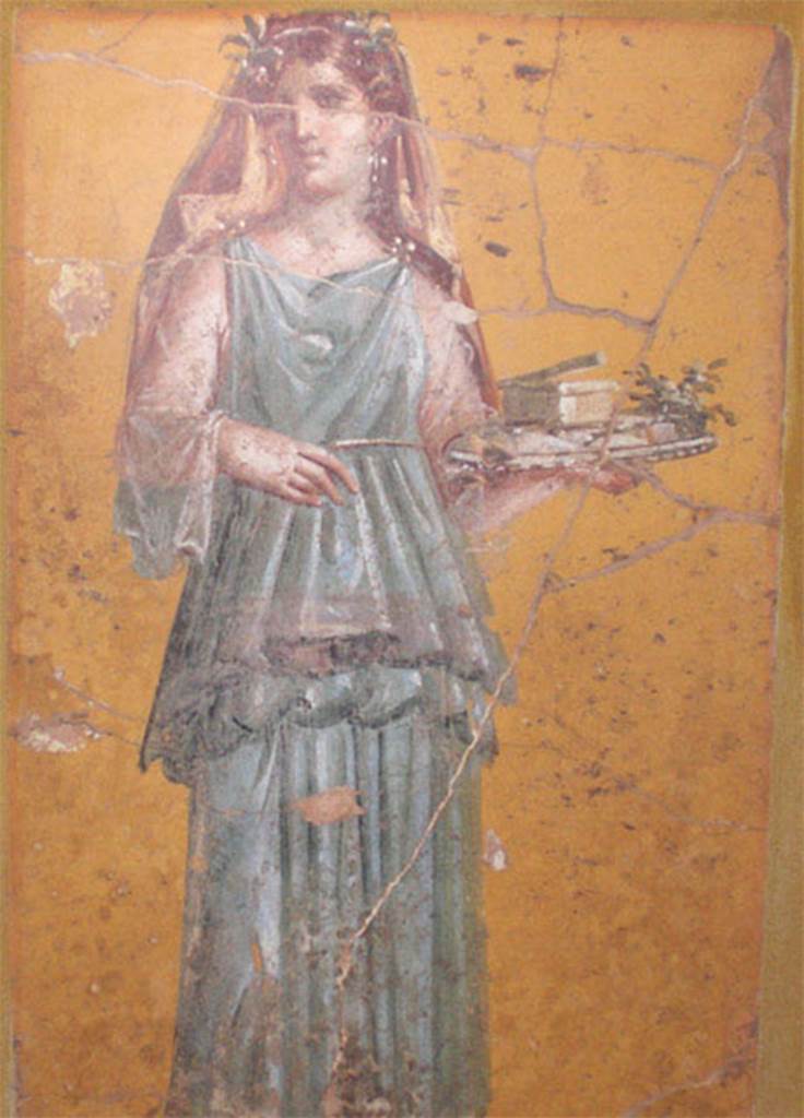 Villa San Marco, Stabiae, July 2010. 
Room 50, painted figure from west wall. 
Now in Naples Archaeological Museum.  Inventory number 8890.