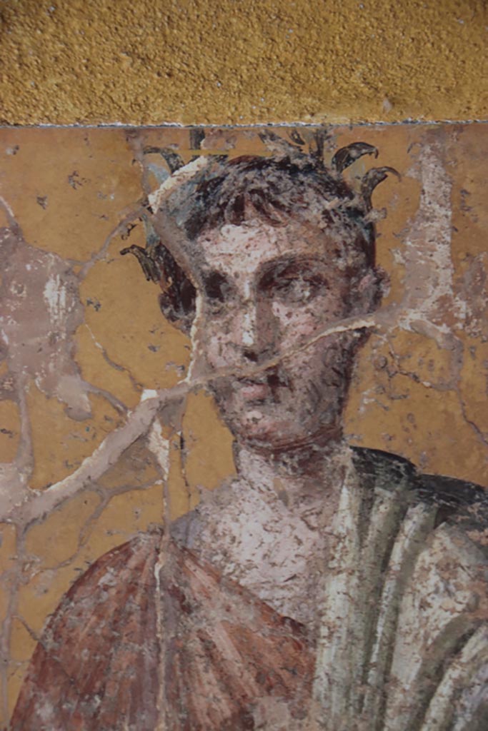 Villa San Marco, Stabiae, October 2022. 
Room 50, detail from painted figure on north wall. Photo courtesy of Klaus Heese.