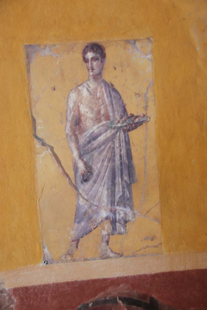 Villa San Marco, Stabiae, September 2019. 
Room 50, painted figure from east end of north wall. Photo courtesy of Klaus Heese.