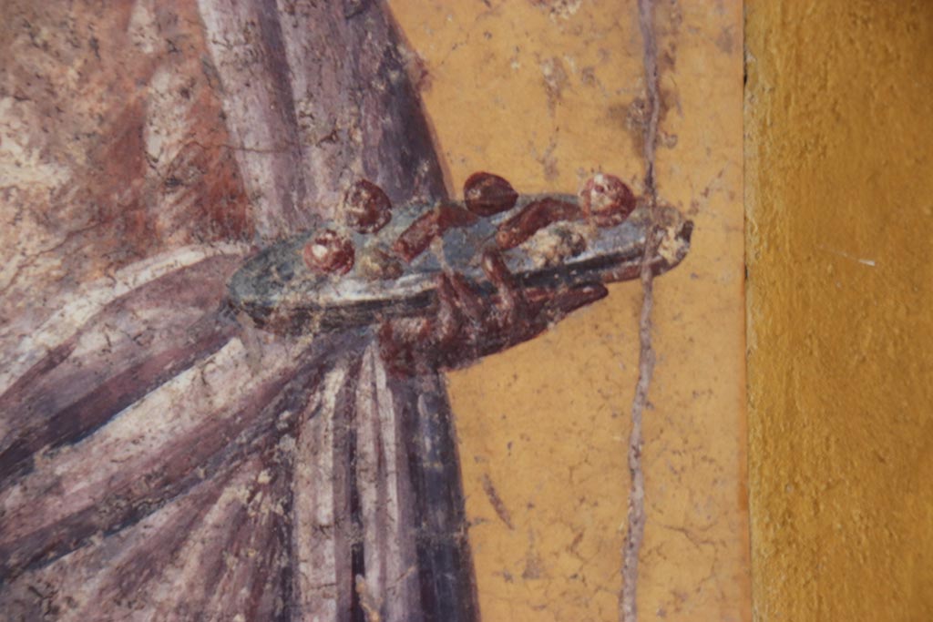 Villa San Marco, Stabiae, October 2022. 
Room 50, detail of plate held in left hand of painted figure from east end of north wall. Photo courtesy of Klaus Heese.