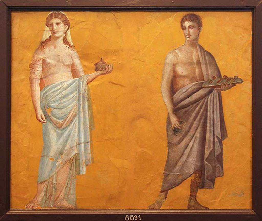 Villa San Marco, Stabiae, Room 50, painted figures carrying offerings. 
Now in Naples Archaeological Museum.  Inventory number 8891.